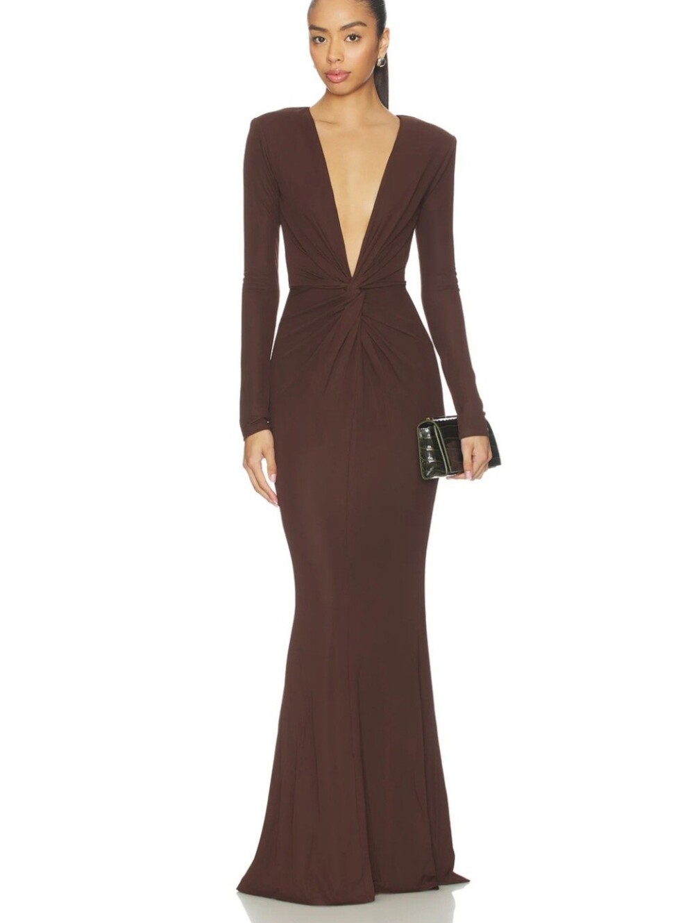 Long Sleeve Twist-Front Deep V Chocolate Brown Evening Dress